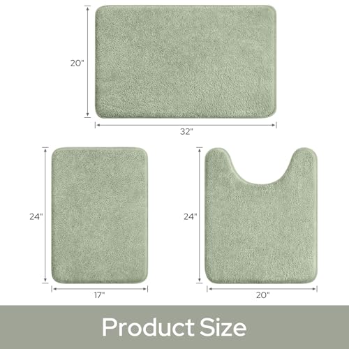 HOMEIDEAS Sage Green 3-Piece Bathroom Rug Set with Memory Foam, Absorbent Bath Mats U-Shape Toilet Rug