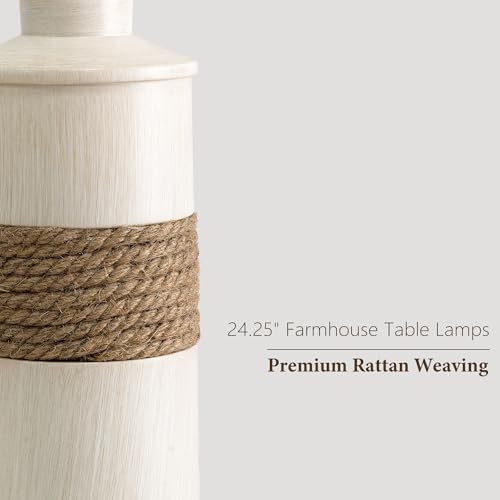 Boho Farmhouse Rattan Bedside Table Lamps Set of 2 - 24.5 inch Nightstand Lamps with Touch Dimmable Lights & USB Ports - Boho Variation