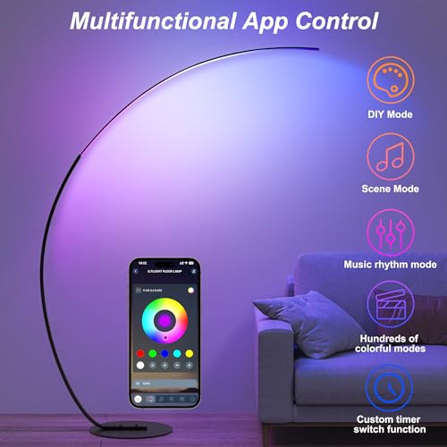 RGBW Modern 69-Inch Arched Floor Lamp with Remote Control - Black, Dimmable & Color Changing for Living Room & Bedroom