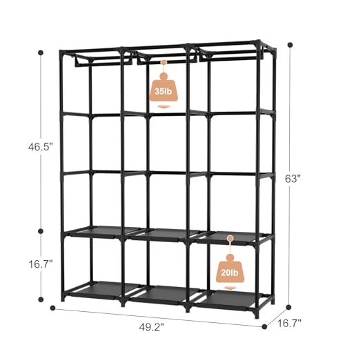 Black Portable Wardrobe Closet with Cover, 3 Hanging Rods & 6 Shelves - 49.2" Wide