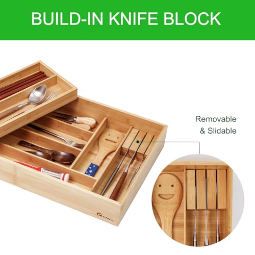 Two Tier Bamboo Kitchen Drawer Organizer - 16.85 x 12.2 in Silverware Tray with Removable Knife Block