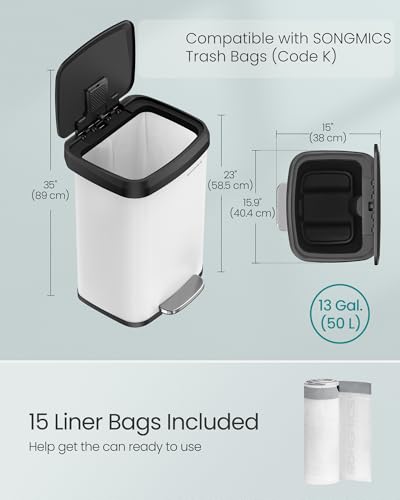 SONGMICS 13-Gallon Stainless Steel Kitchen Trash Can with Soft Close & White/Black Variation