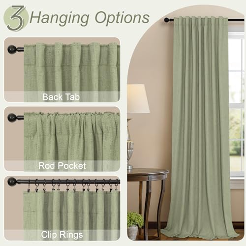 Pitalk Sage Green 2P Dark Out Curtains 52x84 in – Boho Linen Texture, Thermal Insulated