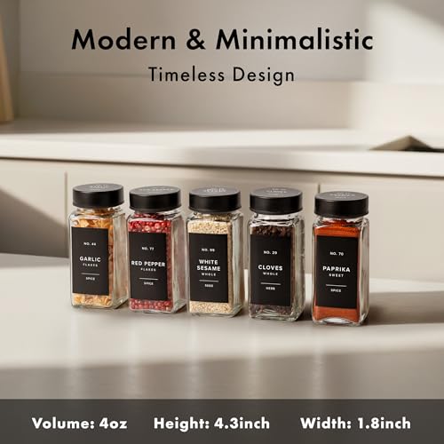 EDELHAUS Glass Spice Jars with Label, Seasoning Set, 24x Black Steel