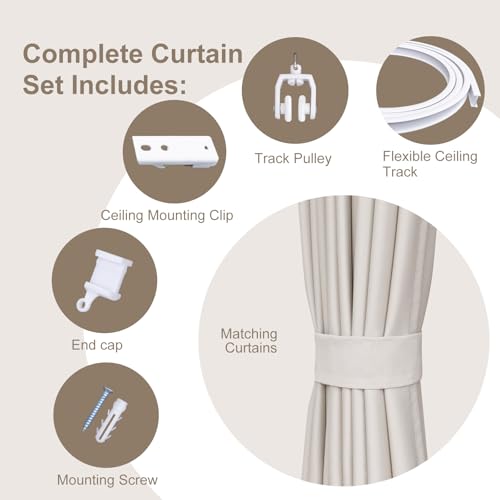 Beige Room Divider Curtain & Flexible Ceiling Track Set - 100W x 84H in, Blackout, 1 Panel, Pack of 1