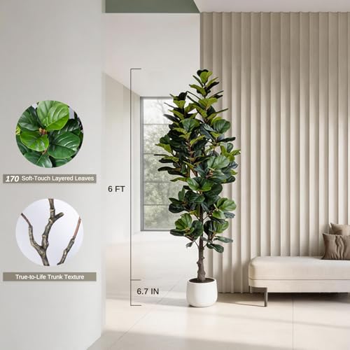 6FT Artificial Fiddle Leaf Fig Tree with Realistic Leaves and Modern Planter
