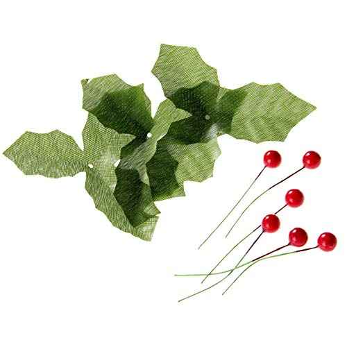dophee 50 Pack Artificial Red Berry Stems and 50 Pack Green Leaves, Christmas Holly Berry Branches for Party Holiday Home Decoration and DIY Garland and Wreath Ornaments