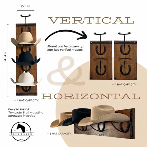 Wall Mount Cowboy Hat Rack - Handmade Wood & Metal Western Hat Organizer
