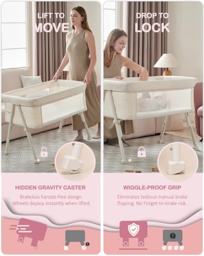 BEKA Baby Bassinet Bedside Sleeper with Retractable Side - Beige, 2-in-1 Baby Crib