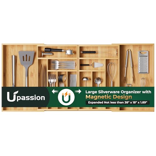 Large Silverware Organizer with 13 Slots - Natural Bamboo Expandable Drawer Divider, Adjustable from 21 to 37.4 Inches – Natural Finish