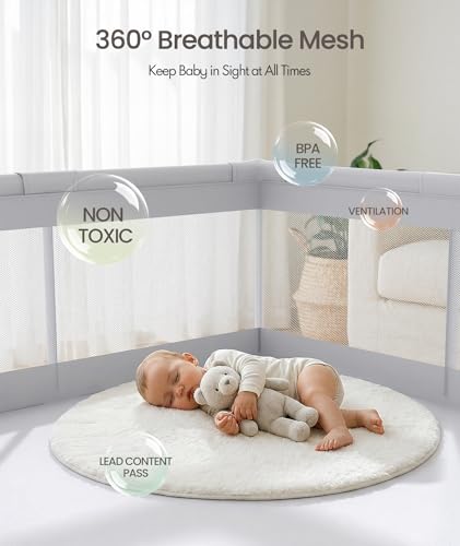 Fodoss Baby Playpen 47x47in with Door - Light Grey, Safe & Easy Setup