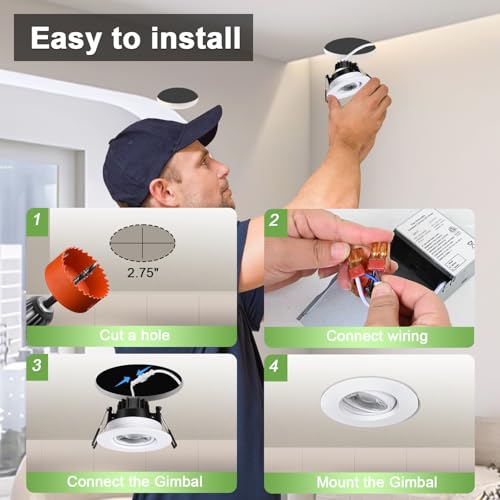 3 Inch Gimbal LED Recessed Lights - Adjustable Downlight, White, 6 Pack