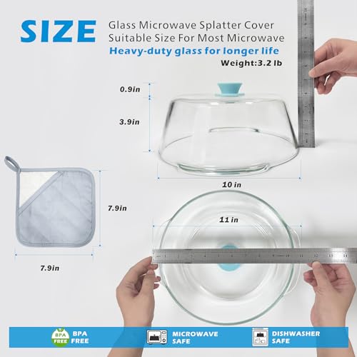 Tall Glass Microwave Splatter Cover with Blue Knob - 10 Inch Food Safe Lid