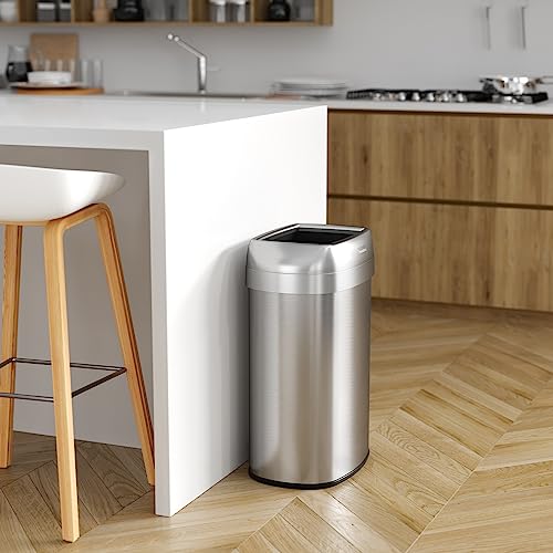 Silver 13 Gallon Open Top Trash Can - Oval Stainless Steel Waste Bin with Odor Filters
