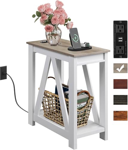 WLIVE Narrow Farmhouse End Table with Charging Station - Greige, Slim Design