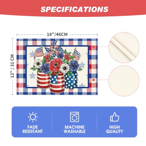 Artoid Mode Buffalo Plaid Vases Flowers 4th of July Placemats Set 6,
