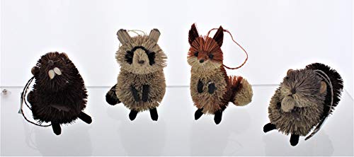 Set of 4 Buri Woodland Animal Holiday Ornaments - Squirrel, Raccoon, Fox, Beaver