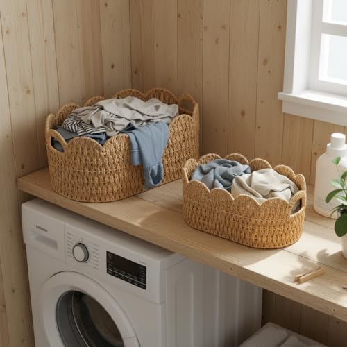 Natural Paper Rope Scalloped Basket Set of 2 - Wicker Storage Baskets for Shelves, Toys, Gifts & Decor