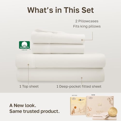 Ivory King Bed Sheet Set - 100% Cotton Sateen, 4-Piece, Deep Pockets