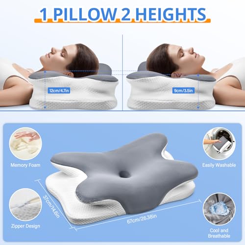 Ehomfory Gray Cervical Neck Pillow - Ergonomic Memory Foam Support for Neck Pain Relief, Adjustable Contour