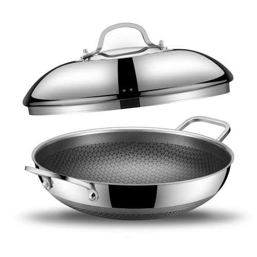 SNOWCLAD 13-Inch Nonstick Wok Pan with Double Handles and Lid - Hybrid Stainless Steel, Induction & Oven Safe - Variation: Double Helpers