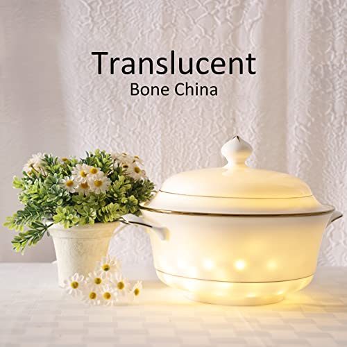 Bone China Soup Tureen Set with Lid, Gold Rim, 2.97QT, Elegant White Serving Bowl