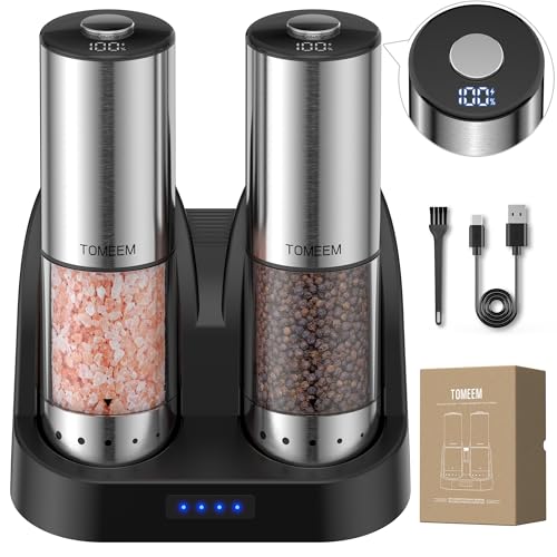 Rechargeable Salt and Pepper Grinder Set - Stainless Steel Silver, Adjustable Coarse to Fine, LED Display
