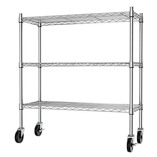 Auslar 3-Tier Heavy Duty Metal Storage Shelves with Casters - Chrome Finish
