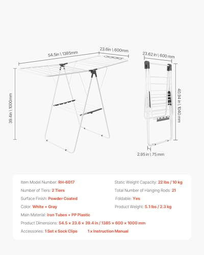 Foldable Laundry Drying Rack 2-Tier with Sock Clips, 21 Rods, Adjustable Height, Space-Saving, White - 54.5"D x 23.6"W x 39.4"H