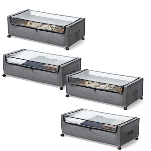 Grey 4-Pack Under Bed Storage Drawers with Lockable Wheels - Heavy Duty, Clear Lid