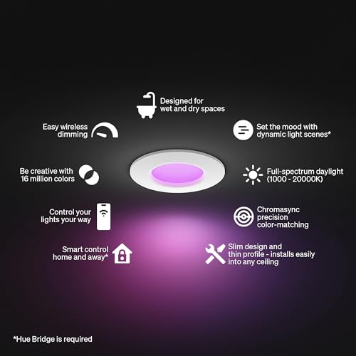 Philips Hue Recessed LED Downlight - Slim, Water-Resistant, Full Spectrum White