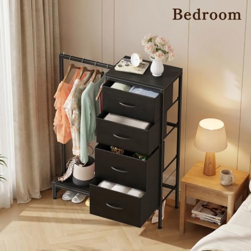 Tall Dresser with Hanging Rack and 4 Drawers - Reversible Black Storage Tower 44"H