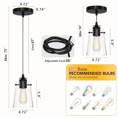Black Pendant Lights for Kitchen Island - 3 Pack Modern Glass Hanging Fixtures