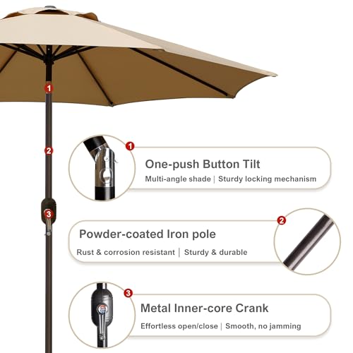 Blissun 9' Outdoor Patio Umbrella TAN with 8 Sturdy Ribs, Tilt & Crank