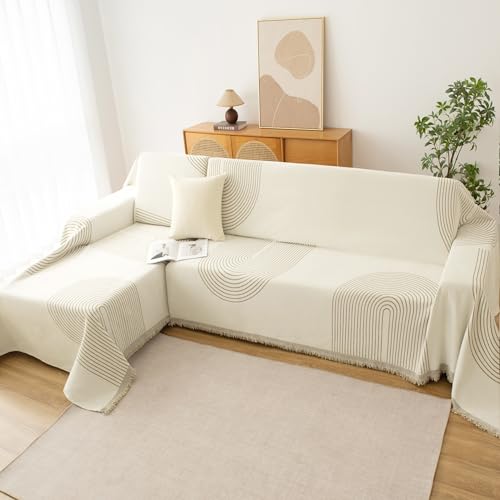 Boho Couch Cover for Sofa - 71x102 Inch Washable Chenille Protector with Variation Arc Cream