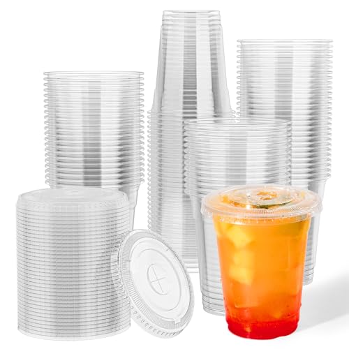 Clear 12oz Plastic Cups with Lids - 500 Pack, Disposable PET Drink Cups