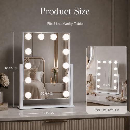 ZBOCAI Dimmable Vanity Mirror with Lights 12 Bulbs 16.4 x 13.1 inch - White Hollywood Makeup Mirror with Detachable 10X Magnifier