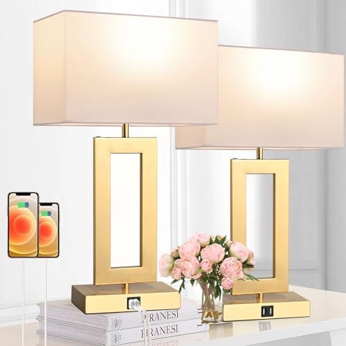 BrightWe 22-Inch Gold & White Set of 2 Touch Control Bedside Table Lamps with USB Ports - Large