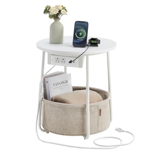VASAGLE Round End Table with Charging Station - Matte White & Camel Brown, Fabric Basket