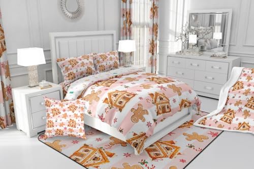Feelyou Pink & Beige Gingerbread Man Fitted Sheet Queen Size Kids Bedding Set with Snowflake Design