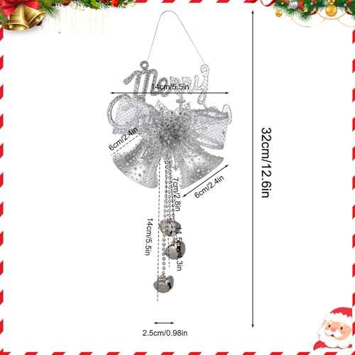 2 Pcs Metal Merry Christmas Bell Door Hanging Ornament with Bow for Tree & Wreath Decoration DIY Bells (Silver)