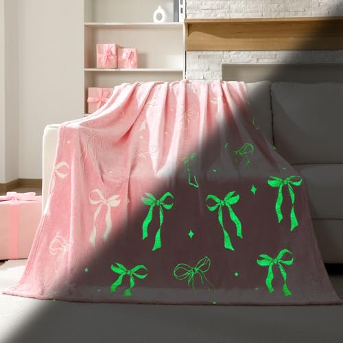 Pink Bow Blanket for Girls 50 x 60 Inch Glow in The Dark Throw Blanket Cute Bow Theme Flannel Plush Preppy Coquette Gifts Dorm Essentials for Christmas Thanksgiving Gift Decoration