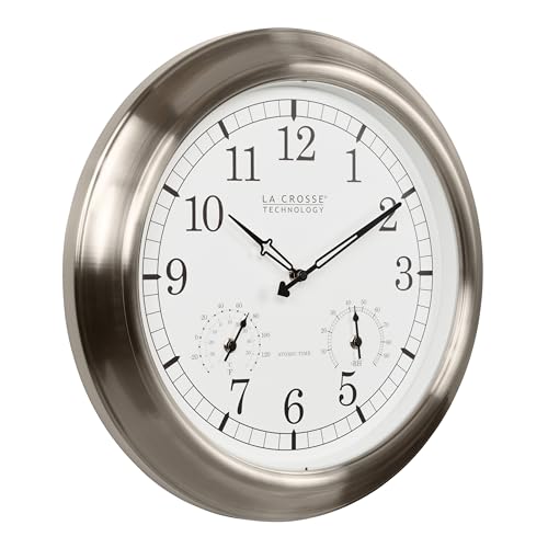 17.9-Inch Indoor/Outdoor Atomic Wall Clock with Stainless Steel Frame & Weather-Resistant Design - Classic Analog Time & Temperature Gauge - Variation: Round Clocks / 18 Inch / Stainless Steel