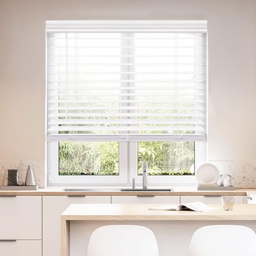 Cordless Faux Wood Window Blinds - 72x48 White, Child & Pet Safe