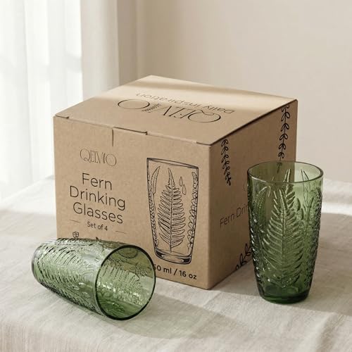 Green 16 oz Glass Drinking Set of 4 with Fern Texture - Dishwasher Safe