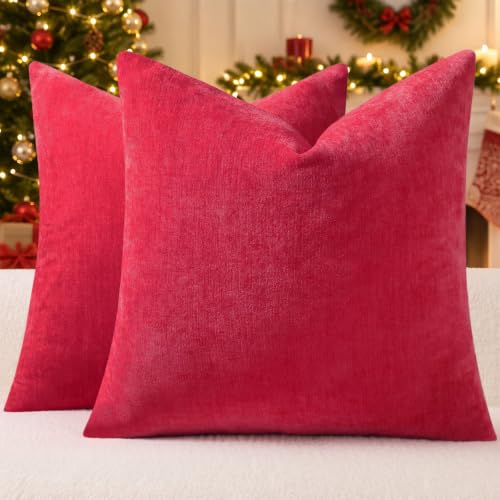 DecorUhome Christmas Red Throw Pillow Covers 16x16 Inches Set of 2 - Soft Chenille Home Decor