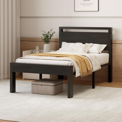 Black Oak 14 Inch Twin Metal Bed Frame with Wooden Headboard - Heavy Duty, Storage, Noise-Free