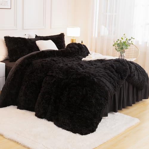 Andency King Size Faux Fur Comforter Set Black 104x90 with Pillow Shams - Fluffy Warm Bedding