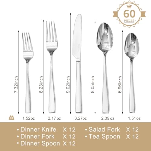 60-Piece Silver Flatware Set for 12 - Mirror Finish Stainless Steel Cutlery