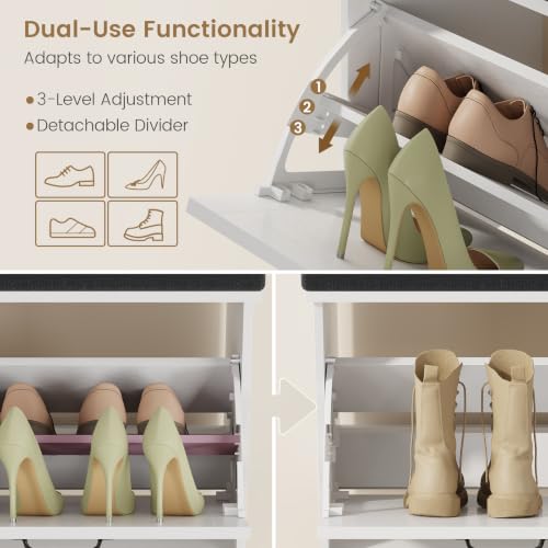 Farmhouse Shoe Storage Bench with Seat Cushion & Adjustable Flip Drawers - 39.4W x 11.8D x 19.7H